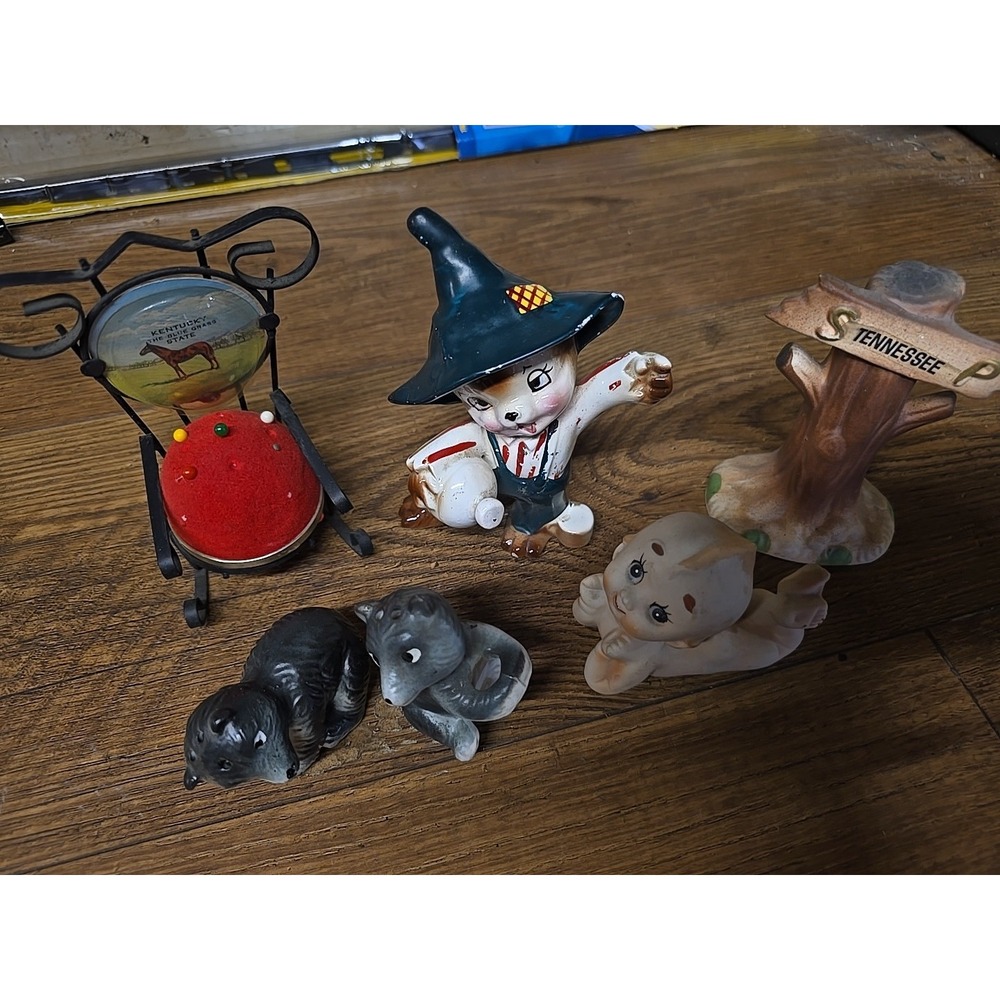 Vintage Lot Of 4- Salt & Pepper Shakers, Scarecrown, Sewing Cushion, Tree...